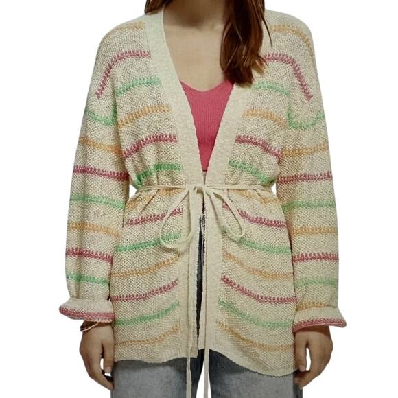Scotch & Soda Cardigan Sweater Womens Medium Stripe Tie Waist Vanilla Organic - Picture 1 of 6